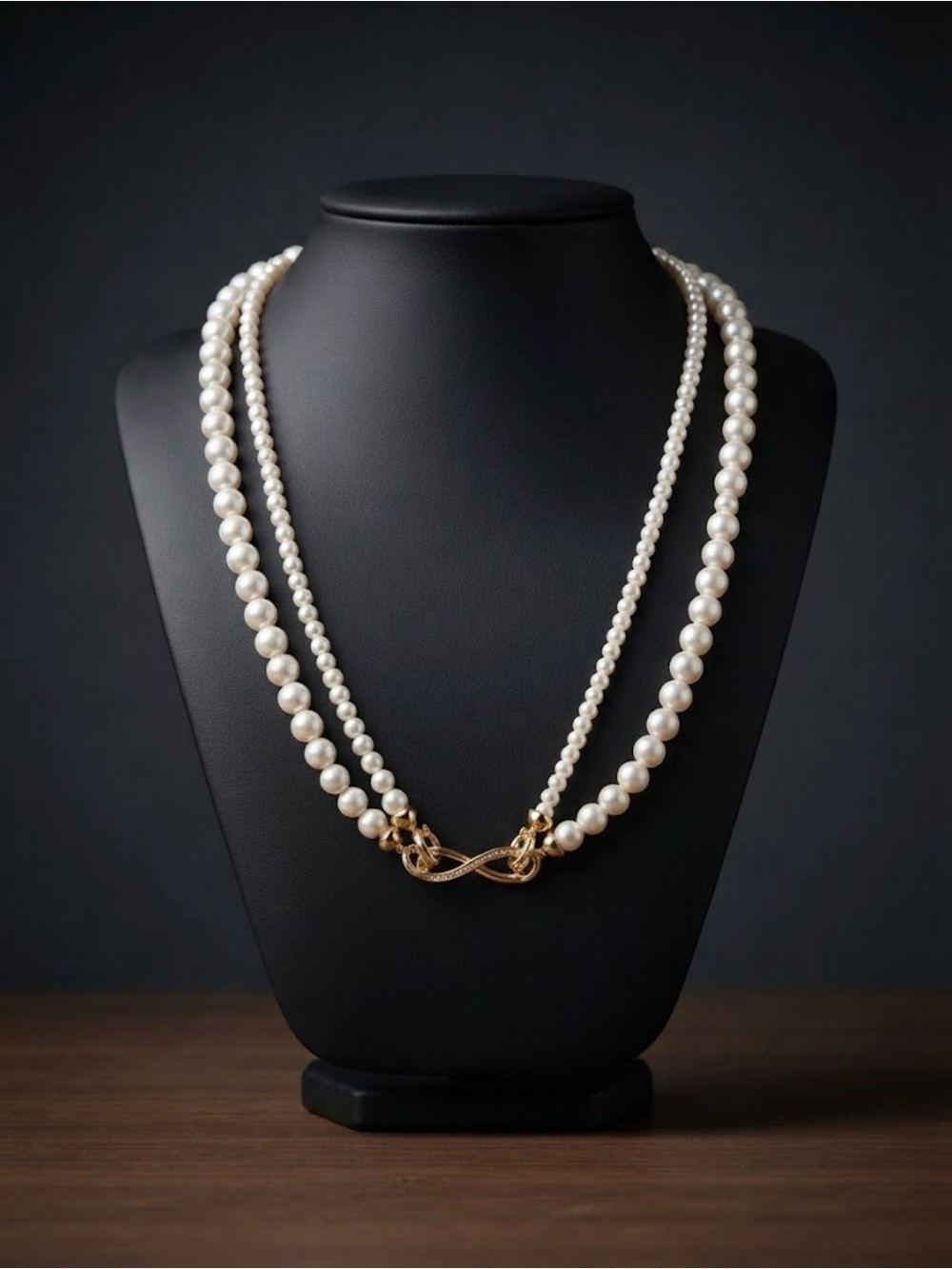 Classic Double Strand Pearl Necklace with Gold Knot Clasp